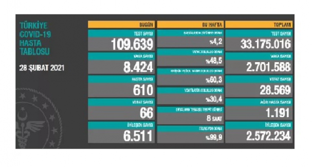 Son 24 saatte 66 kişi hayatını kaybetti; toplam vaka sayısı 8 bin 424 oldu