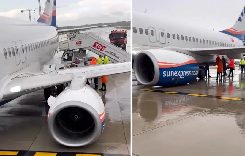 Antalya Havalimanı'nda faciadan dönüldü: Kalkışa hazırlanan Sun Express uçağının tekerlekleri koptu, kanadı delindi!